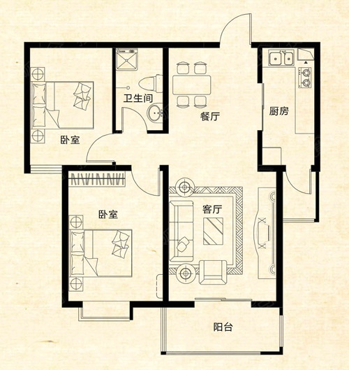 悦正园两室两厅一卫95.86平米户型图户型