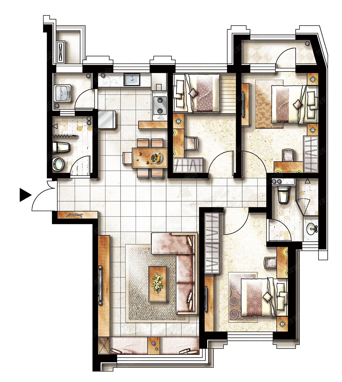 140平三室两厅两卫户型