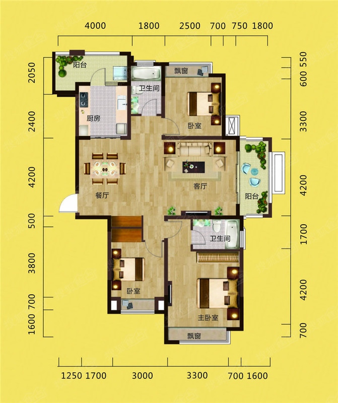 华邦繁华里b3户型图-3室2厅2卫-130m