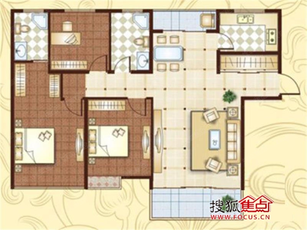 坤恒·金色华府户型图-3室2厅2卫