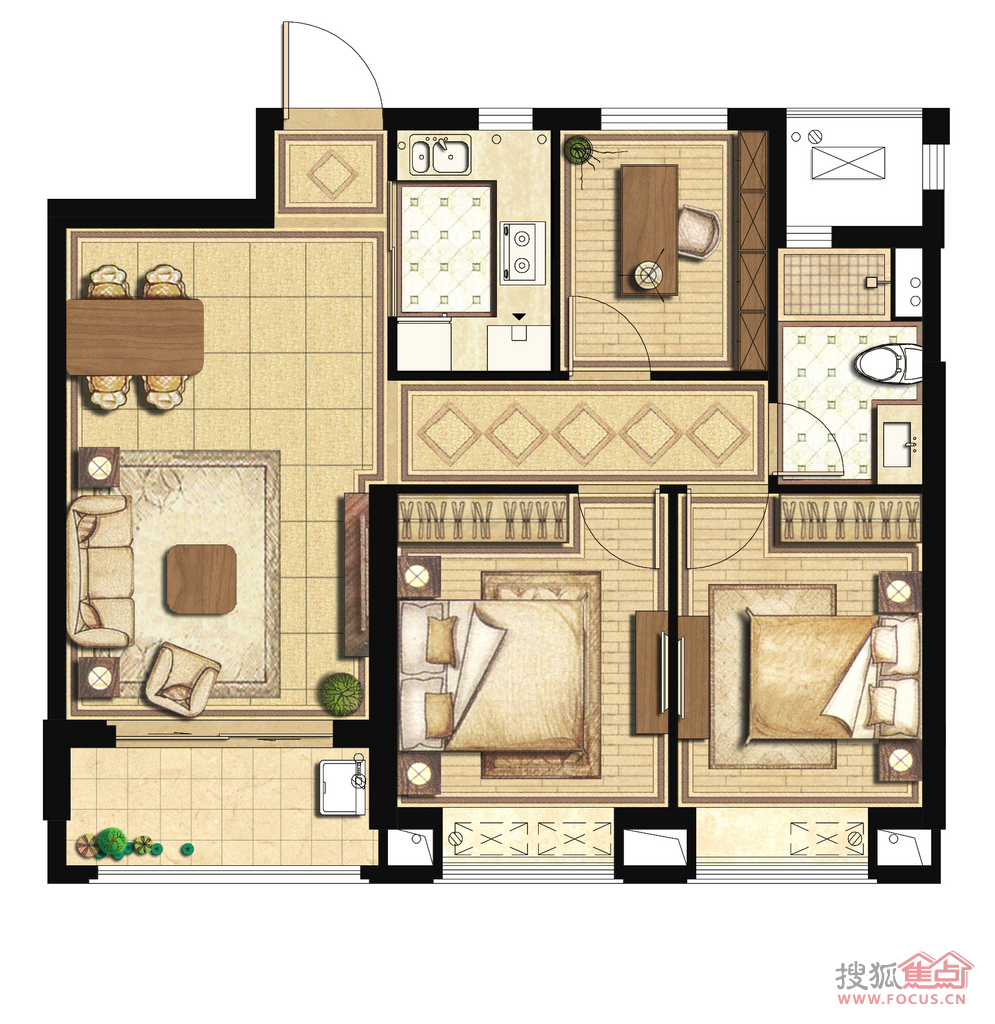 荣安月园户型图-3室2厅1卫-89m