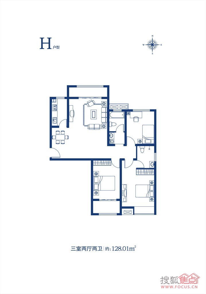 棕榈泉h户型图-3室2厅2卫-128m