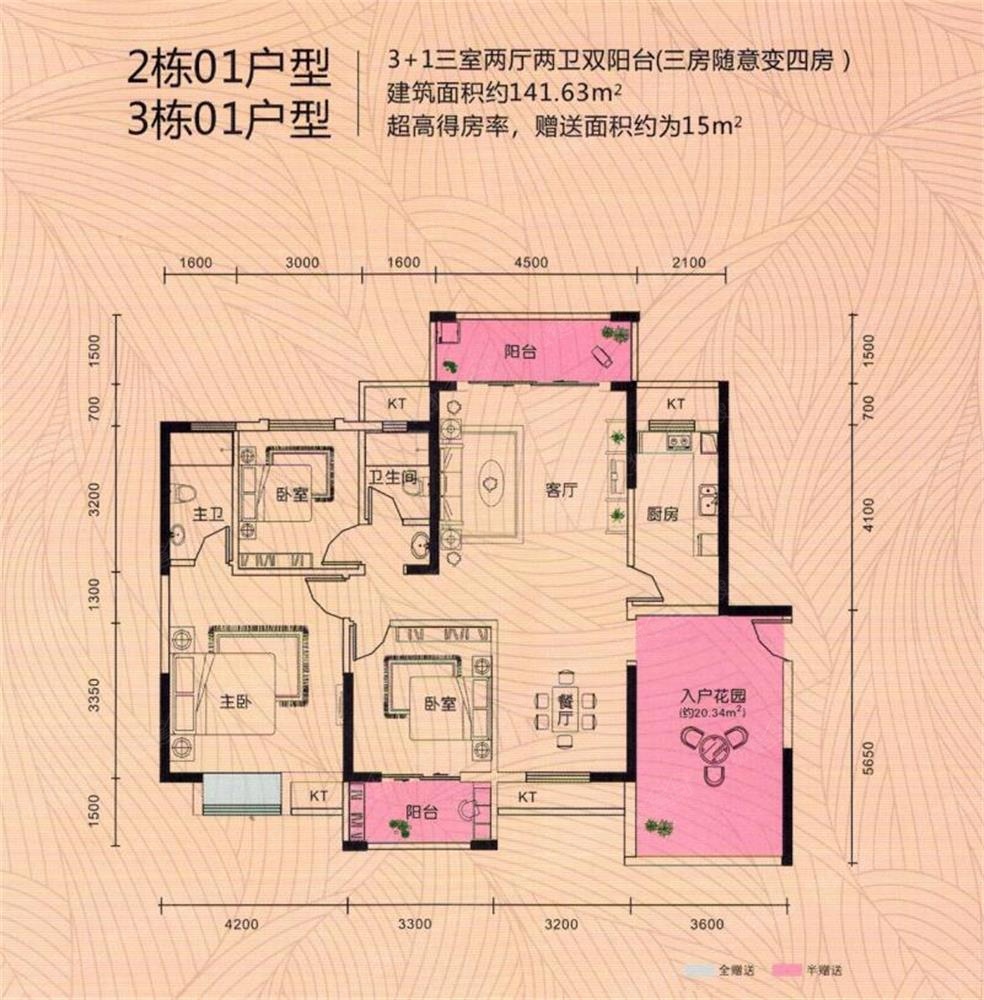 2/3栋01户型图141.63㎡-3室2厅2卫-141m