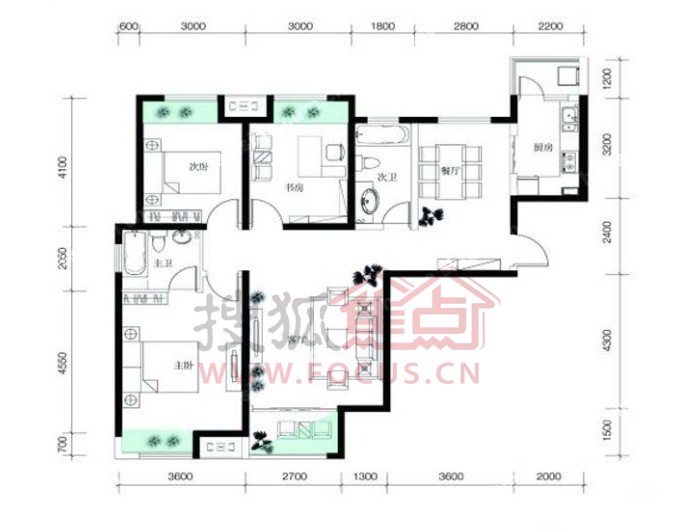 高科绿水东城三居室3居西户_高科绿水东城户型图-西安搜狐焦点网