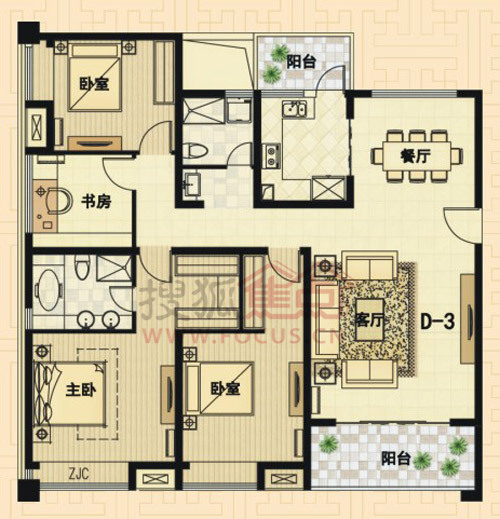 美景鸿城三期鸿福 6,8 四室两厅两卫 d-3 约174.16㎡户型