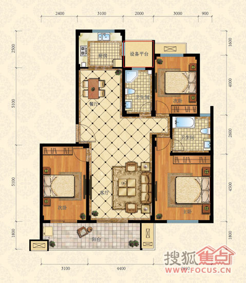 城南春天三居室134㎡三室二厅二卫_城南春天户型图-绍兴搜狐焦点网