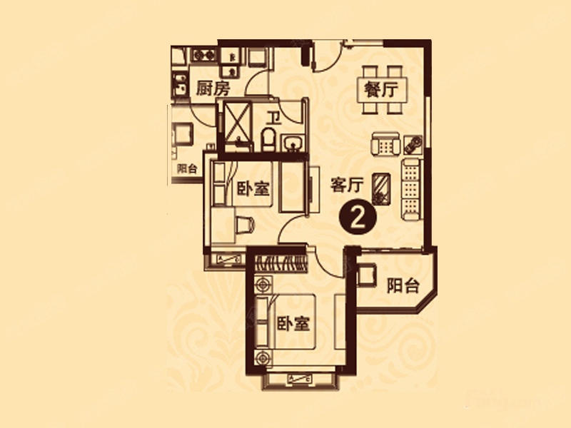 恒大城5#楼02户型2室2厅1卫1厨 86.89-2室2厅1卫-86m